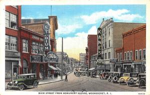 Woonsocket RI Main Street From Monument Square Movie Theatre Postcard