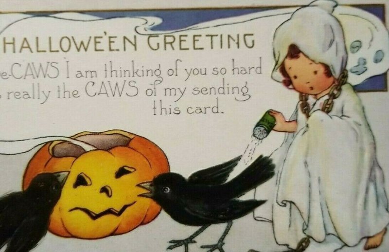 Vintage Halloween Postcard Whitney Ghost Girl Seasoning Black Crows Unused Orig