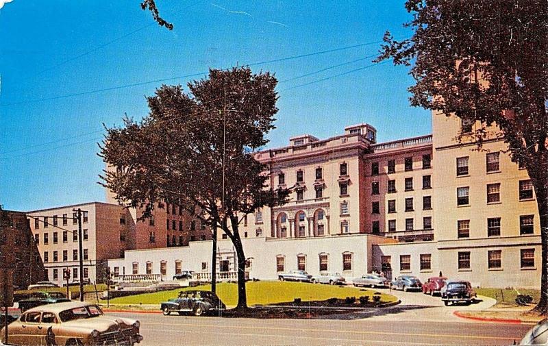  MADISON WISCONSIN-UNIVERSITY HOSPITALS POSTCARD 1955 PSMK WITH 1940s CARS