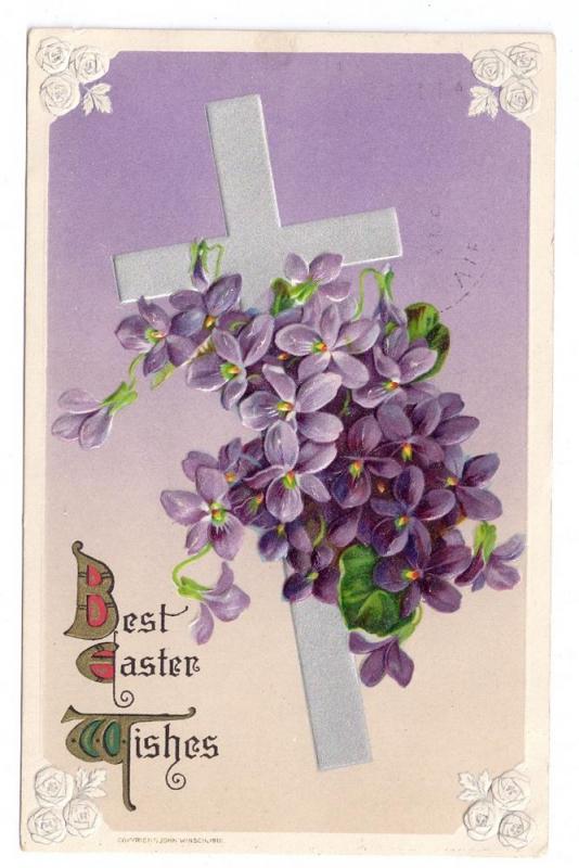 Vintage Easter Postcard Silver Gilt Cross Violets 