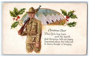 1917 Christmas Military Soldier Rifle Camping Holly Berries WWI Antique Postcard 