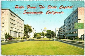 VINTAGE CONTINENTAL POSTCARD HELLO FROM THE STATE CAPITOL SACRAMENTO CALIFORNIA