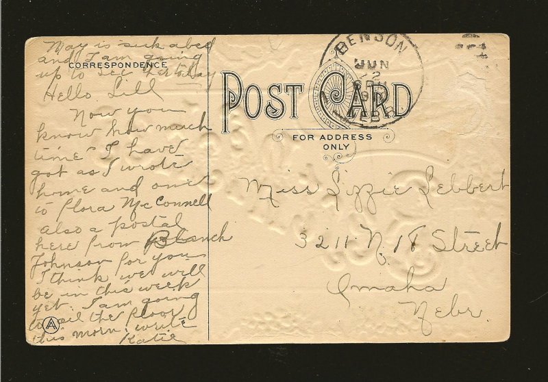 Postmarked 1910 Benson Nebr. Best Wishes Embossed Color Postcard