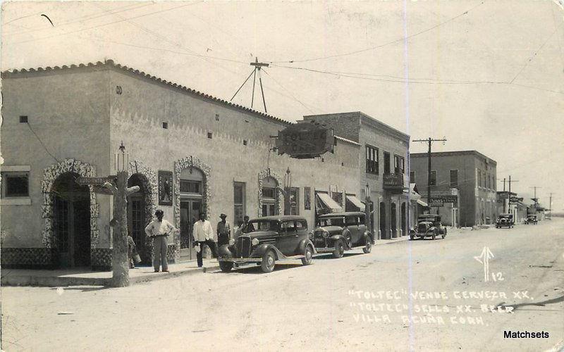 RPPC Toltec Vende Cerveza Street Villa Acuna postcard 1940's  automobiles 7063