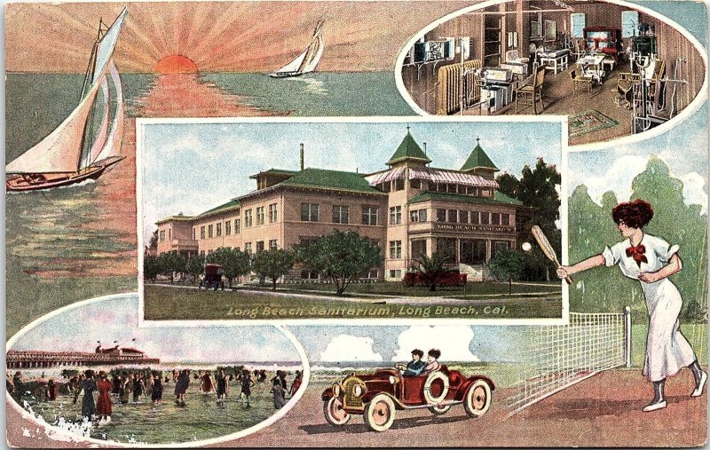 c1910 LONG BEACH CALIFORNIA TENNIS AUTO SANITARIUM BEACH BOATING POSTCARD 41-74