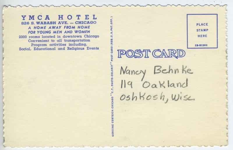 YMCA Hotel ~ Chicago Illinois IL ~ Wabash Ave. Linen Postcard 