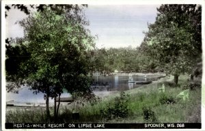 RPPC Tinted Rest-A-While Resort on Lipsie Lake, Spooner WI Vintage Postcard J68