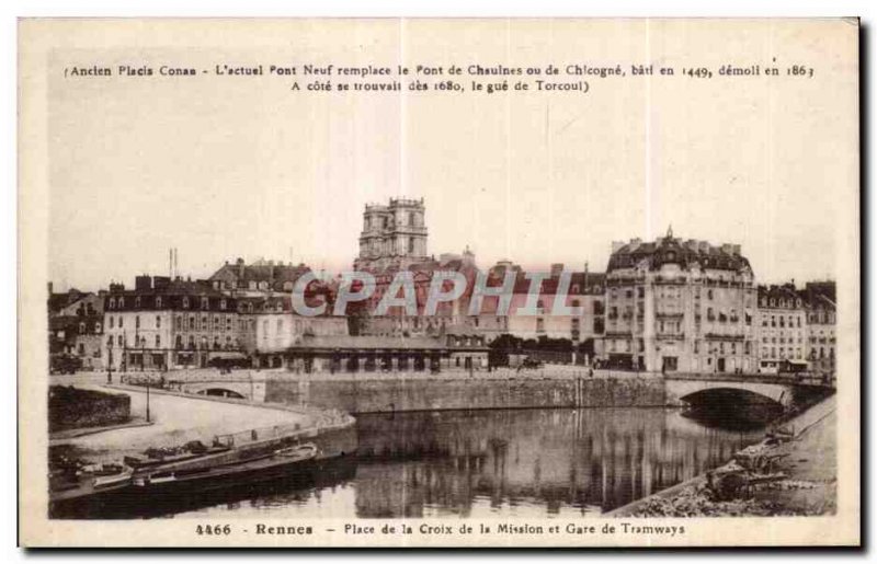 Postcard Old Rennes Place de la Croix de la Mision and Tramway Station