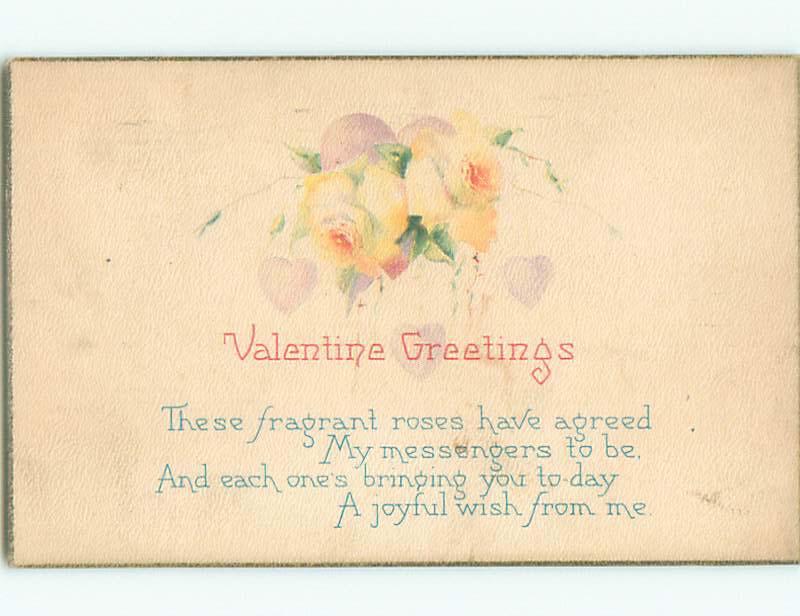 Pre-Linen valentine BEAUTIFUL YELLOW ROSE FLOWERS WITH HEARTS k5795