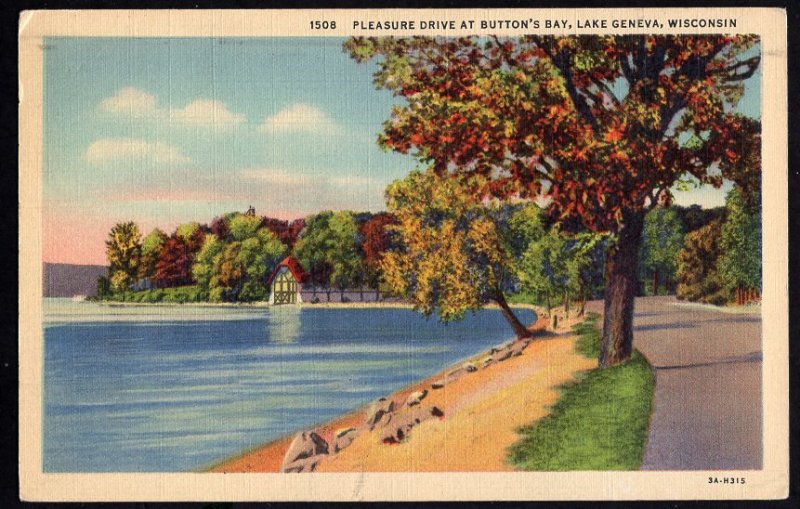 Wisconsin LAKE GENEVA Pleasure Drive at Button's Bay - pm1939 - LINEN