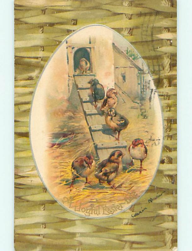 Pre-1907 easter signed CHICKS ON LADDER INTO CHICK HOUSE r2716