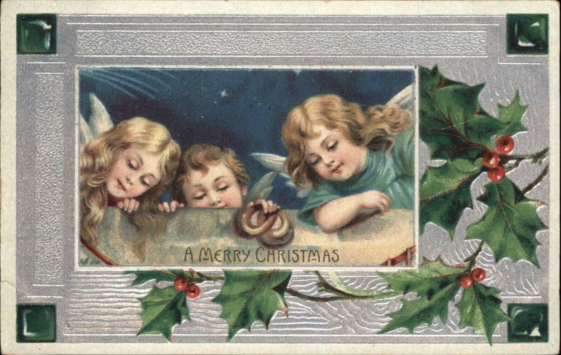 CHRISTMAS Trio of Little Angels HOLLY BORDER c1910 Postcard