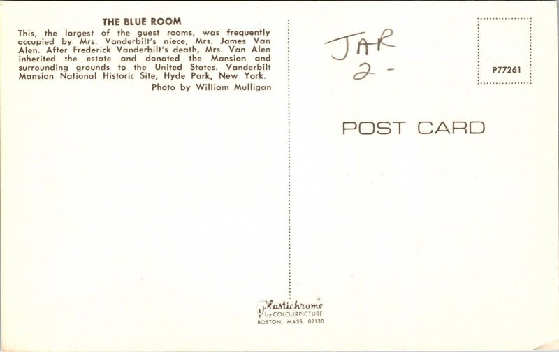 Blue Room Guest Room Vanderbilt Mansion Hyde Park New York NY Postcard UNP VTG 