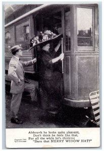 Merry Widow Hat Postcard Woman Floral Big Hat Riding Train c1910's Antique