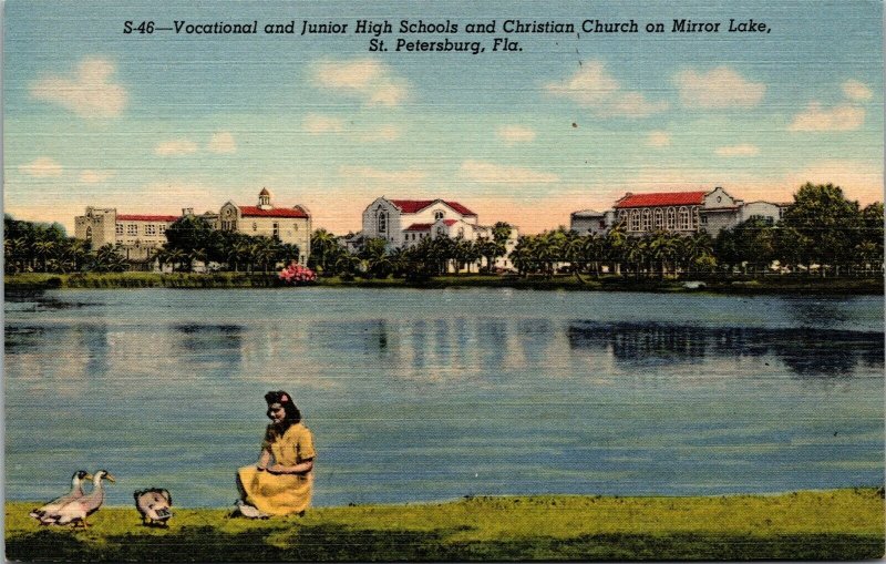 Vtg St Petersburg Mirror Vocational & Lake High School Christian Church Postcard