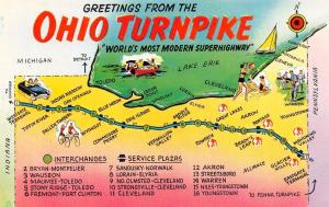 OH, OHIO TURNPIKE MAP CARD   Interchanges~Service Plazas   Chrome Postcard