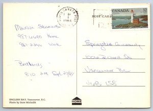 Beach Scene, English Bay, Vancouver, British Columbia, 1984 Chrome Postcard