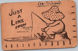 Postcard VA Norfolk Just a Line from Girl sitting on stump fishing