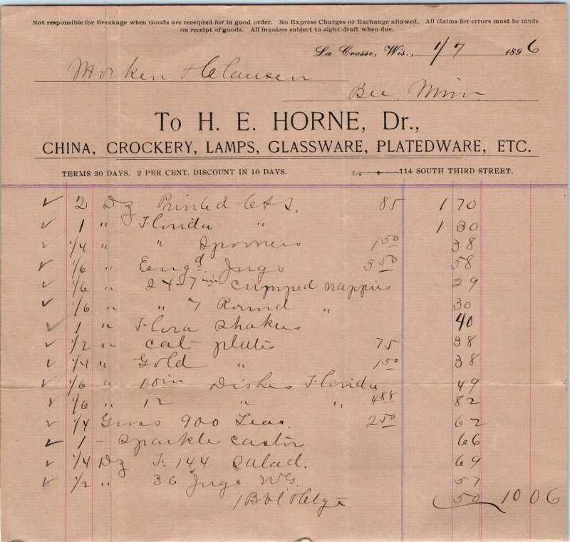 1896 La Crosse, Wis Store Letterhead Dr. H.E Horne China Lamps Receipt Bee MN R1