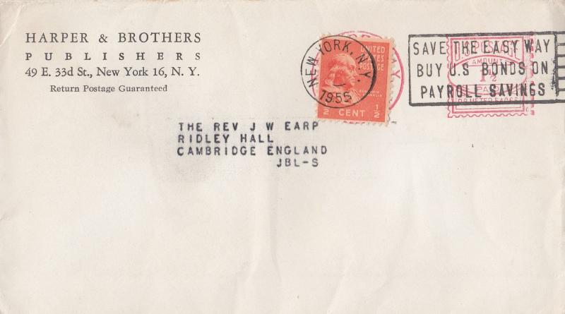 Harper & Brothers Publishers 1955 New York Cover Envelope