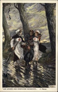 Belgian Red Cross Nurses Help Wounded Soldier Carry Gun THIRIAR c1910 Postcard