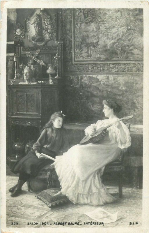 Salon 1904 by Avy - Albert Baure Interieur music guitar vintage art postcard