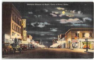 Sherman Avenue Night Street Scene Coeur d'Alene, Idaho Moonlight c1940s Postcard