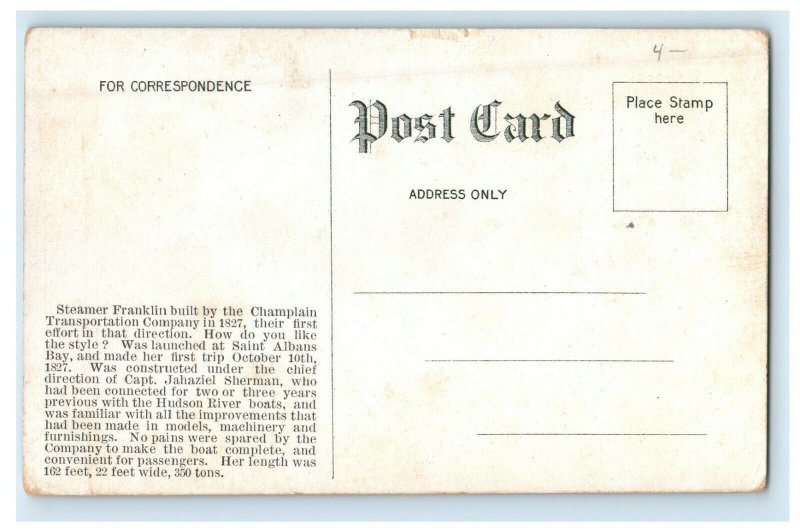 1909 Steamer Franklin By Champlain Transportation Company Unposted Postcard