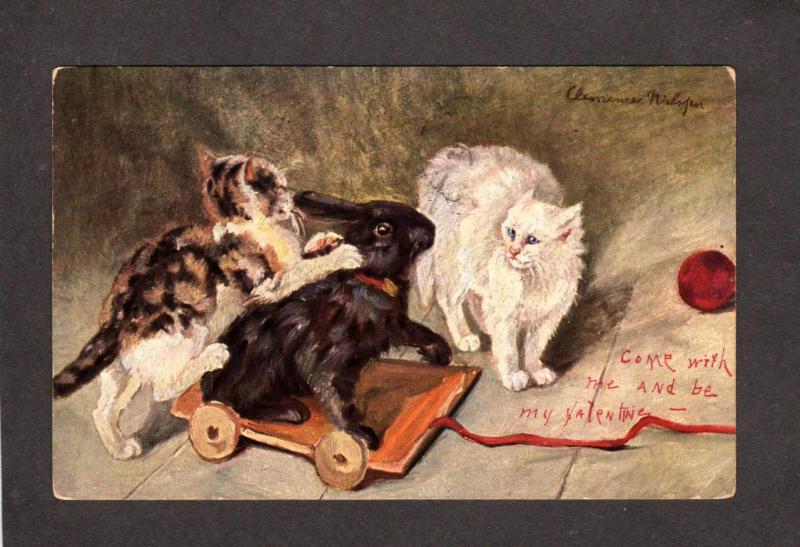 Artist Signed Cats Rabbit Valentine Postcard 1907 Vintage