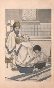 Vintage Postcard Little Girl Help Her Mother Doing Household Responsibilities