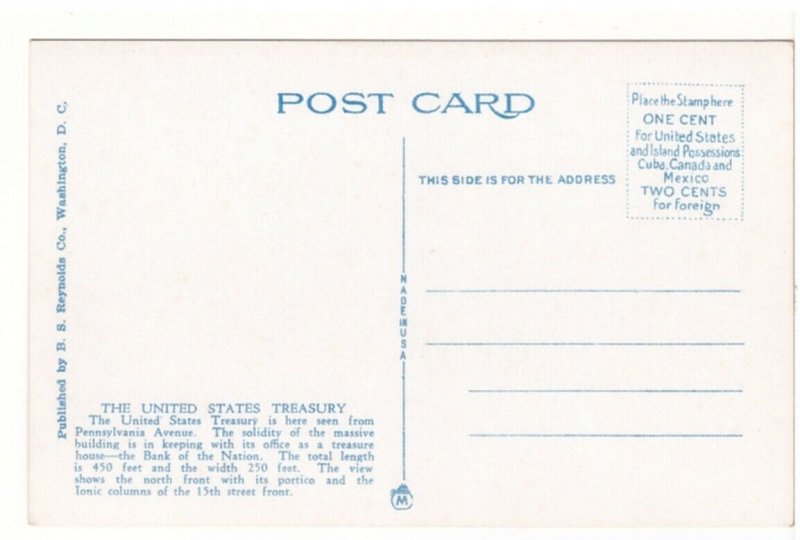 US Treasury, Washington DC,  Antique Reynolds Postcard, Streetcars, Old Cars