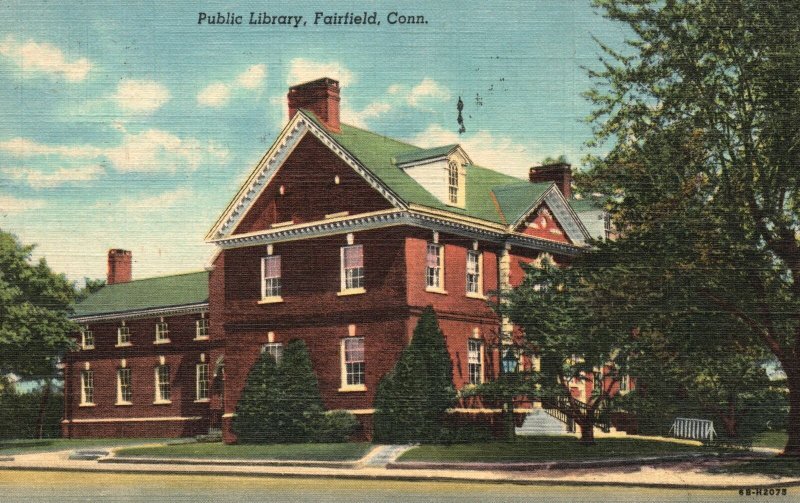 Vintage Postcard 1930's Public Library Fairfield Connecticut A. Kleban & Sons