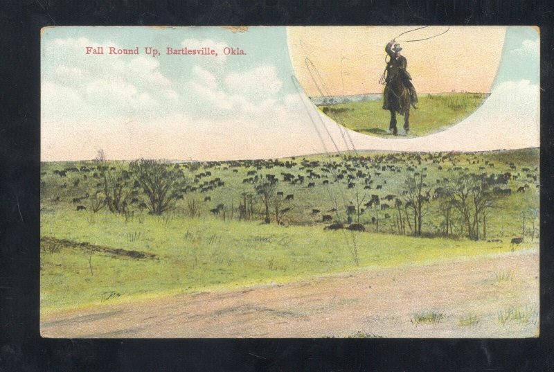 BARTLESVILLE OKLAHOMA FALL ROUND UP CATTLE RANCH 1909 VINTAGE POSTCARD