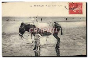 Old Postcard Donkey Mule Berck Beach A young rider Child