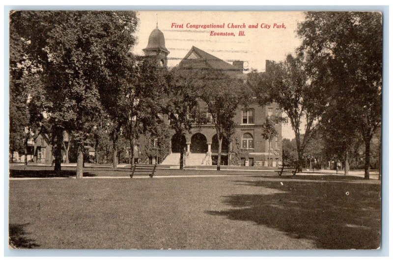 1909 First Congregational Church Building & City Park Evanston Illinois Postcard