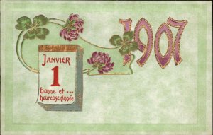 Antique Postcard 1907 New Year FRENCH EMBOSSED FLOWERS