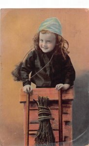 New Year 1908 Chimney Sweep Girl on Roof Horn Photo Montage postcard C333