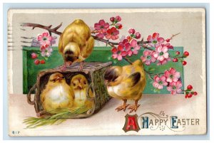 1911 Happy Easter Four Chicks In Basket Pink Flowers Embossed Antique Postcard