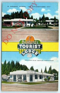 1950s Sarasota FL Bickford's Tourist Lodge Linen Photo Postcard Blue Gentian A30