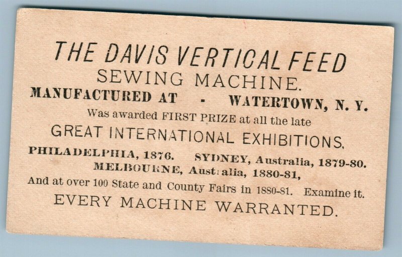 WATERTOWN NY DAVIS SEWING MACHINE ANTIQUE ADVERTISING VICTORIAN TRADE CARD