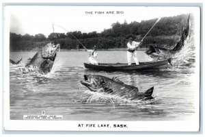 Fife Lake Saskatchewan Canada RPPC Photo Postcard Fishing Rod Giant Fish c1920's