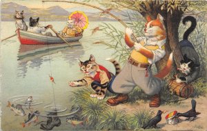 F86/ Alfred Mainzer Signed Postcard Dressed Cats Comic c50s Fishing Boats 3