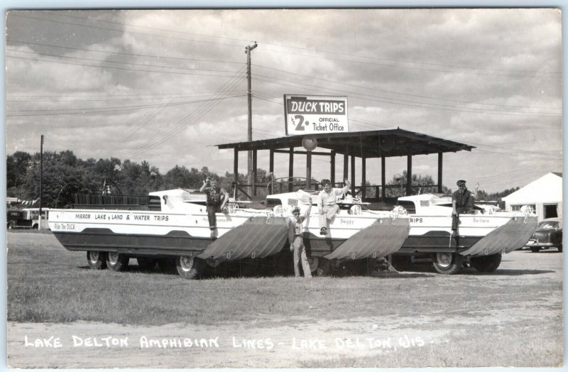 c1950s Lake Delton, Wis RPPC All Three Duck Boat & Crew Advertising Sign WI A70