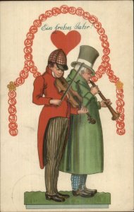 German New Year Art Deco Men Playing Clarinet & Violin c1910 Postcard