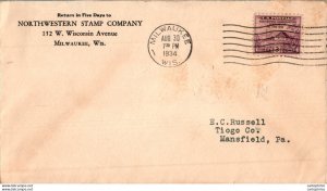 US Cover Washington Headquarter Milwaukee 1934  for Mansfield Tioga Penn