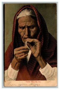 Vintage 1910 Postcard Old Woman in Shawl Smoking a Cigarette Mexico - Funny