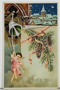 Christmas God Jul Gel Coat Silver Gilded Bell Angel Town Pine Cone Postcard J19