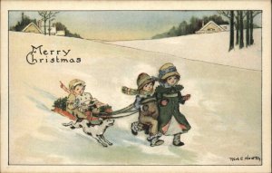 Christmas Children Sledding Dog Ruth E Newton c1900s-20s Postcard