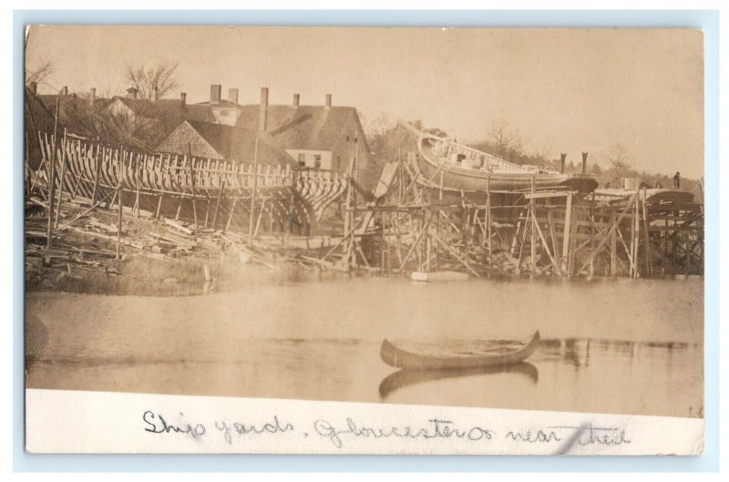 Early Ship Yards Gloucester MA Massachusetts Real Photo RPPC Postcard