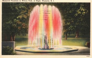 Vintage Postcard 1951 Memorial Fountain Wilcox Park Night Westerly Rhode Island